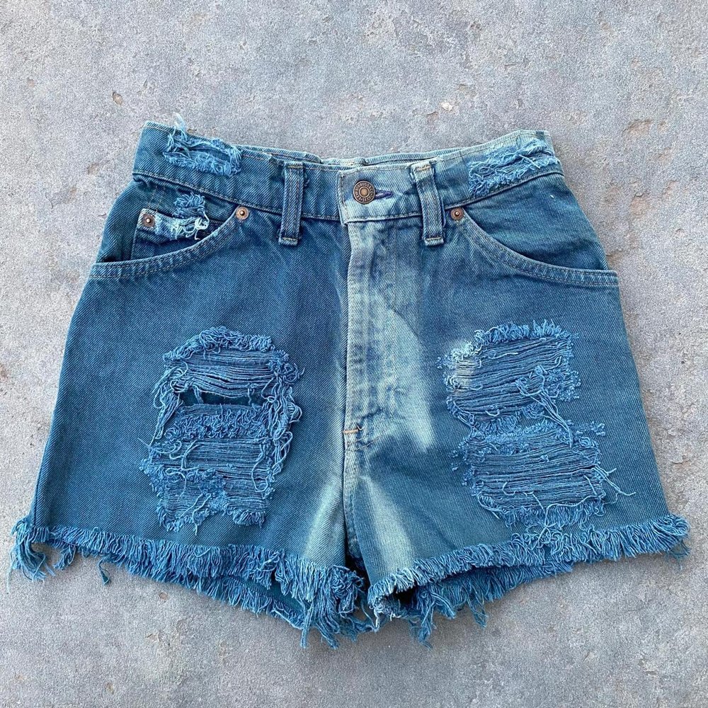Vintage 1970's Levi's California Straights Teal Overdyed Distressed Cutoffs  / 24