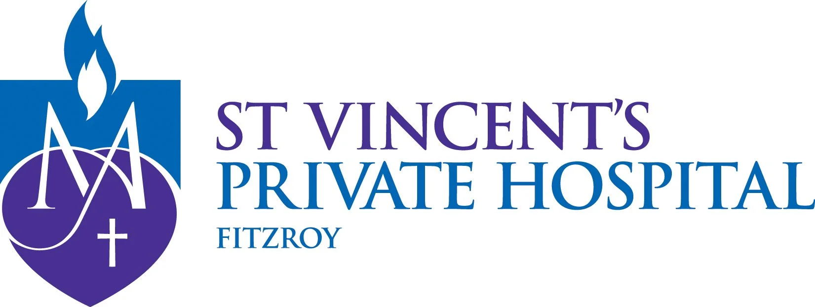 Logo of St. Vincent's Private Hospital Fitzroy featuring a purple heart with a cross, a flame, and the initials S, V, and H, with the hospital name written to the right.