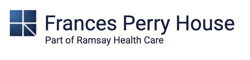 Logo for Frances Perry House, part of Ramsay Health Care, featuring a blue graphic with four squares, one containing a diagonal line, beside the text.
