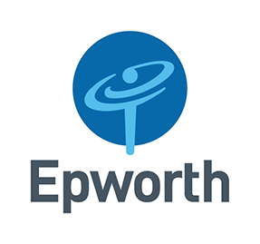 Epworth logo featuring a blue circle with a stylized orbit or swirl symbol