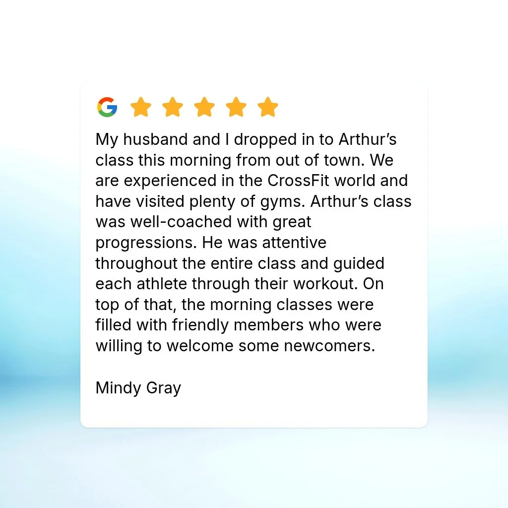 My husband and I dropped in to Arthur&rsquo;s class this morning from out of town.  We are experienced in the CrossFit world and have visited plenty of gyms.  Arthur&rsquo;s class was well-coached with great progressions.  He was attentive throughout