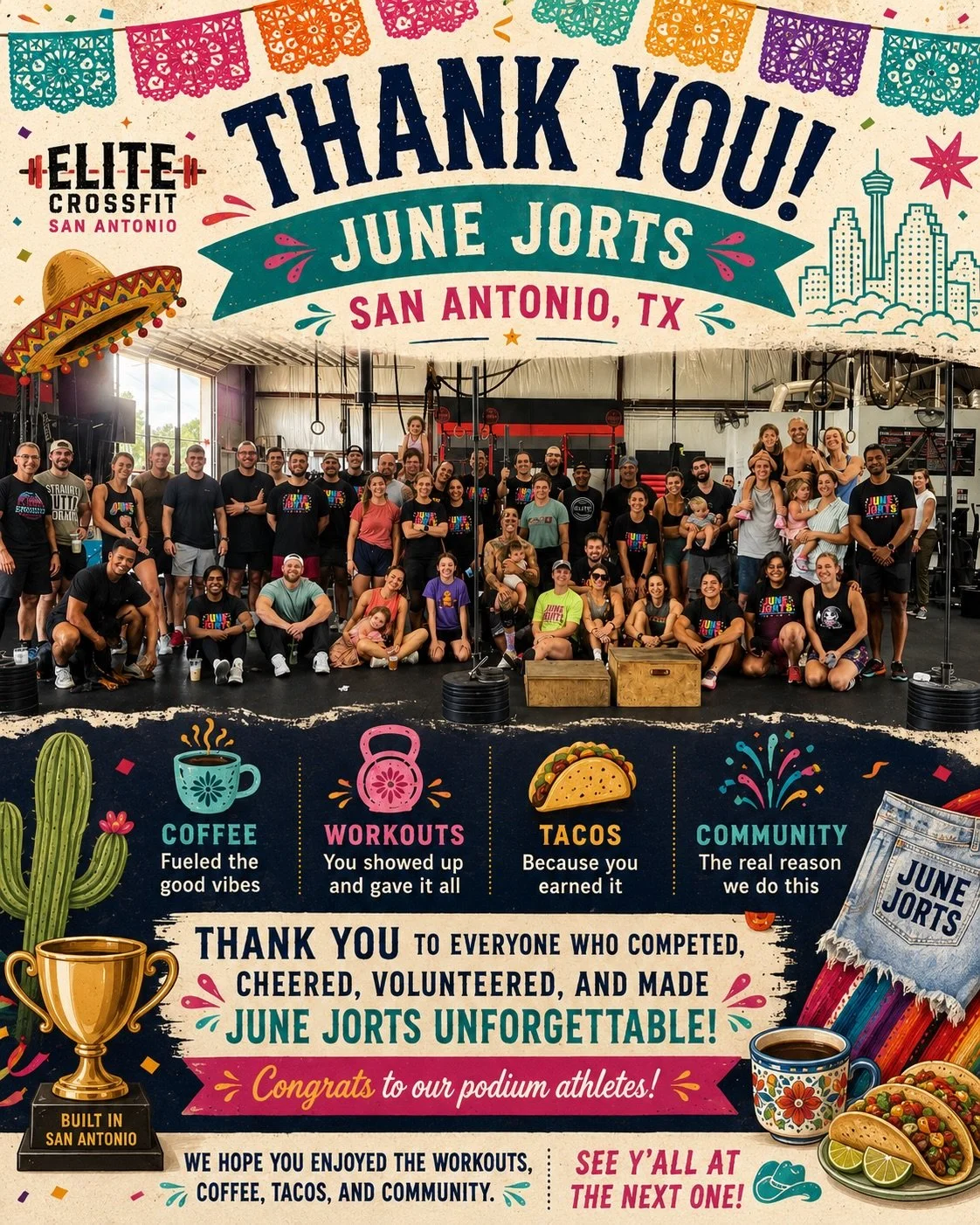🌵☕🌮 Jorts. Sweat. Tacos. Repeat.
Thank you to everyone who joined us for June Jorts and brought the energy all morning long.

We hope the coffee hit, the tacos delivered, and the workouts left you feeling accomplished (and maybe a little sore).

Bi