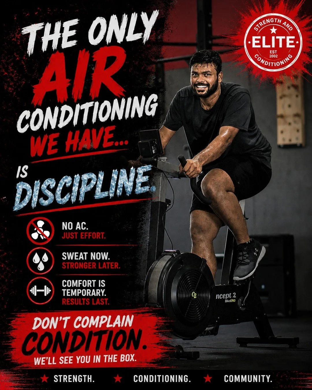 No air conditioning.
No excuses.

Just fans, friends, hard work&hellip; and questionable life choices during June in Texas 😅🔥

Turns out results don&rsquo;t care about perfect conditions.

Come earn your cold shower.

📍Elite Strength &amp; Conditi