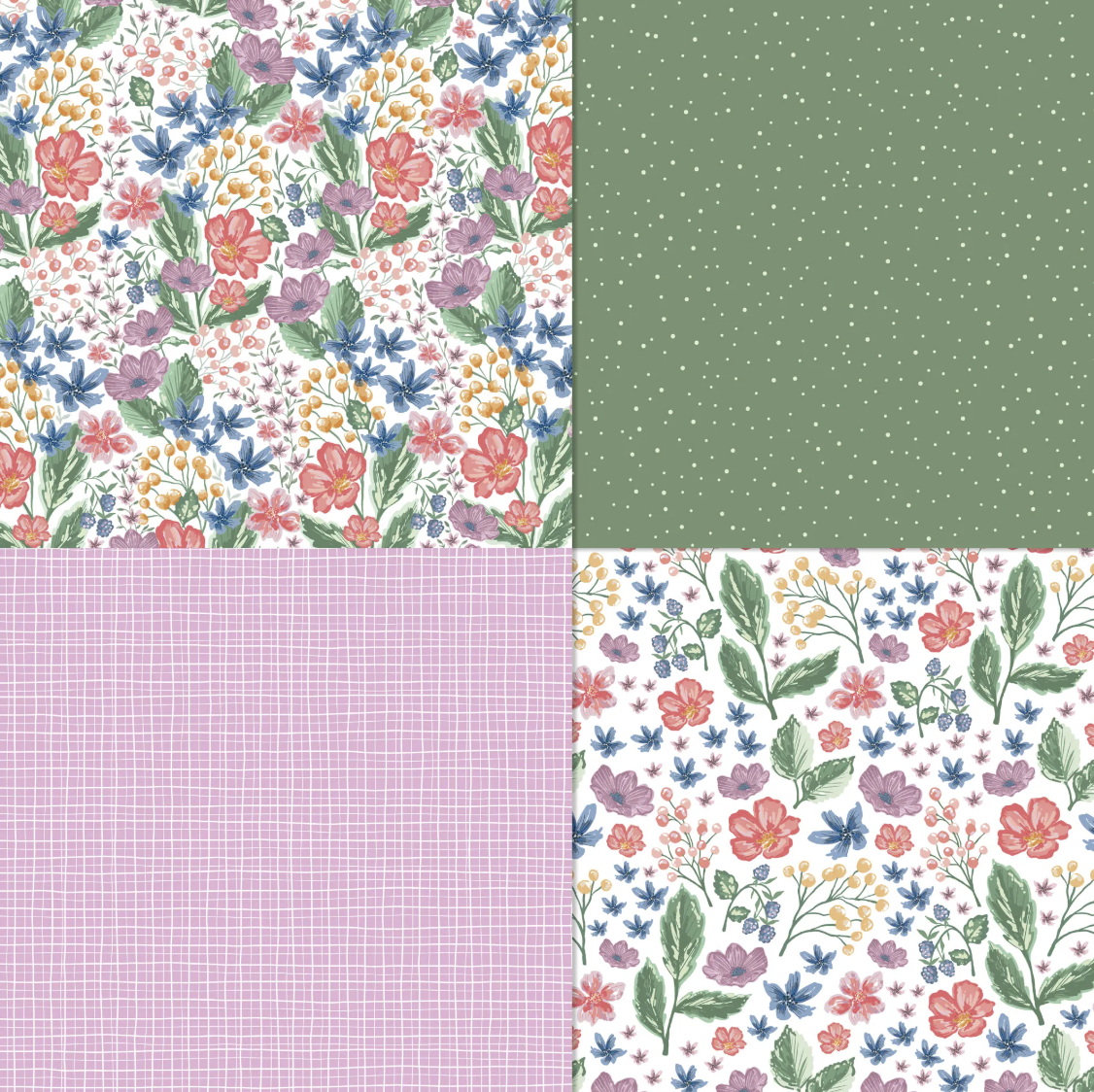 Berry Botanical vellum designer paper with hand-drawn florals, berries, green polka dots, and pink grid patterns in a coordinated 12x12 paper pack