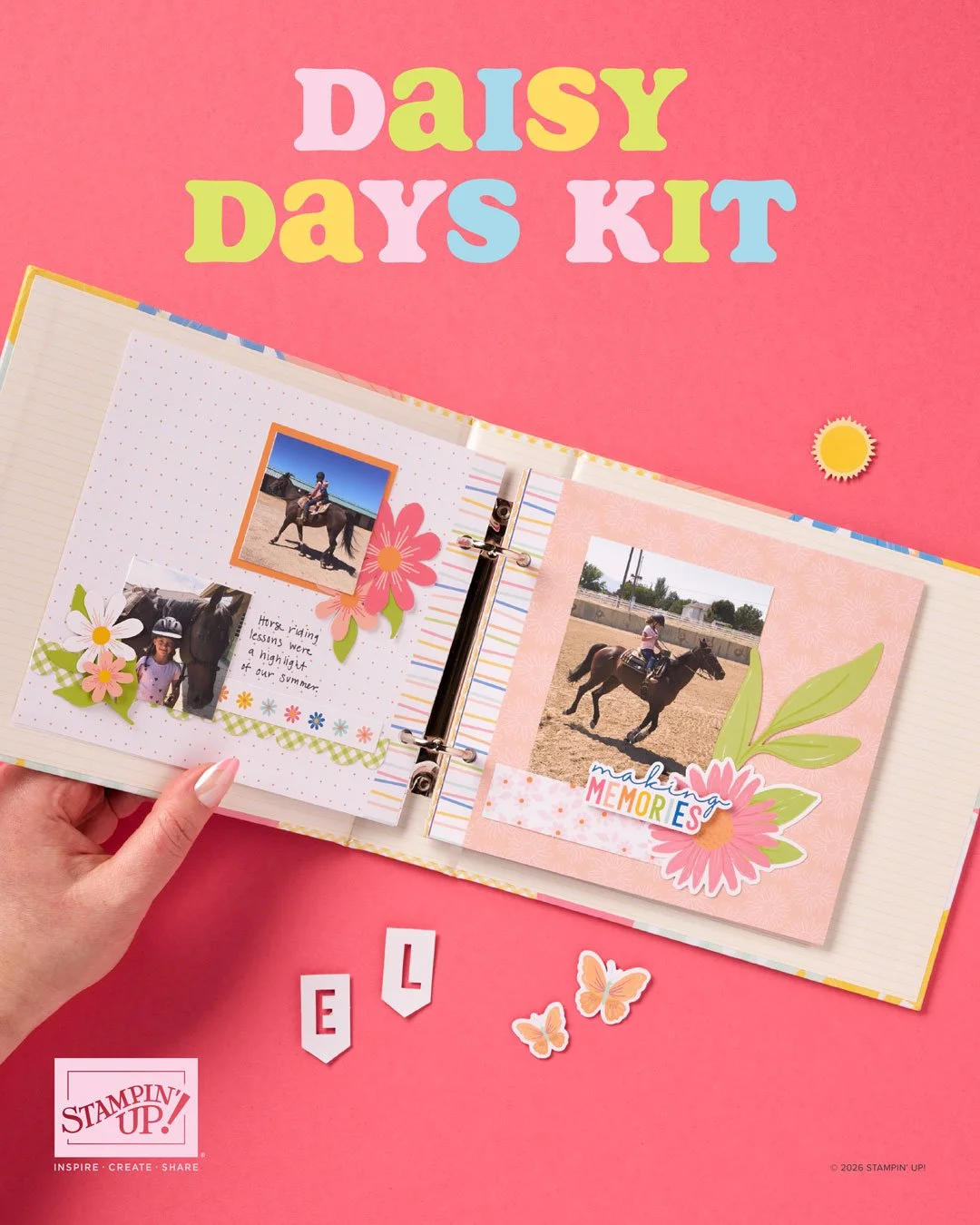 Stampin' Up! Daisy Days Kit featuring a colorful 28-page mini scrapbook album decorated with bright daisies, summer-themed embellishments, journaling pieces, and family photos.