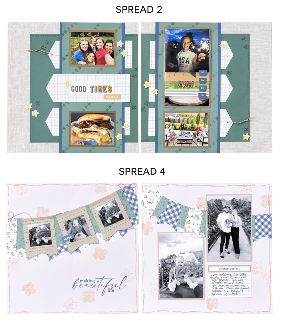 Virtual Album spread of 4 scrapbook pages with banners, tags and more