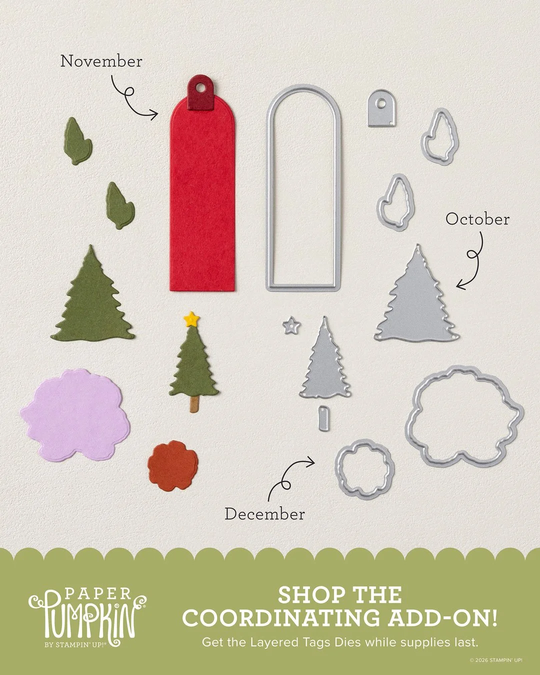 Layered Tags Dies #168663 Paper Pumpkin add-on with 10 dies designed to coordinate with Noel Greetings, Tags of Joy, and Timeless Flora kits.