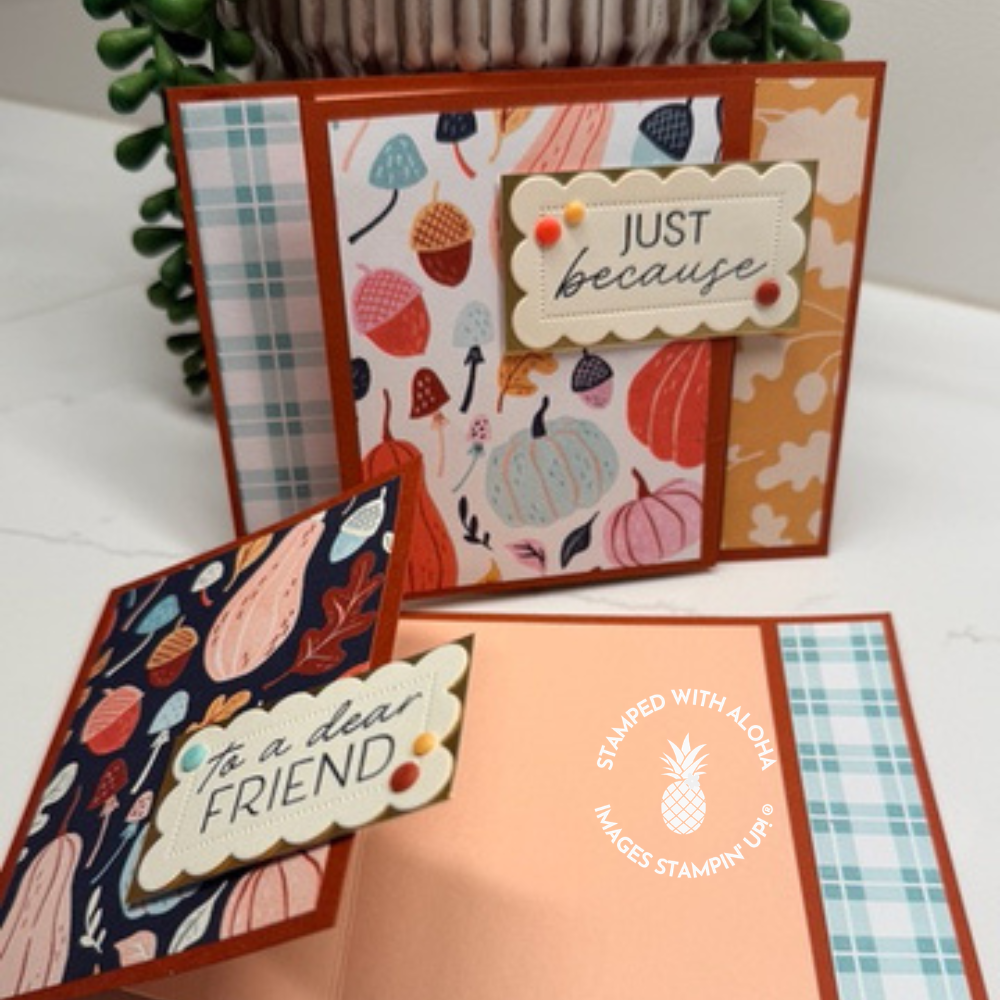 Two handmade fall Z-fold book fold cards shown open, featuring Painted Patch Designer Series Paper, pumpkin patterns, and To a Dear Friend and Just Because sentiments.