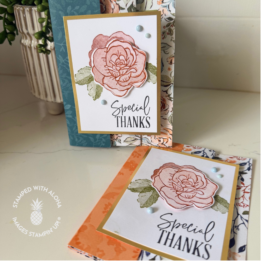 Floral thank you card with stamped rose, layered die cuts, and patterned designer paper in an easy fun fold design