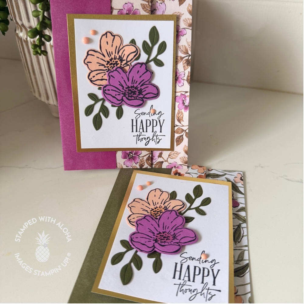 Handmade thinking of you card with stamped floral images, die cut layers, and designer paper in an easy fun fold design