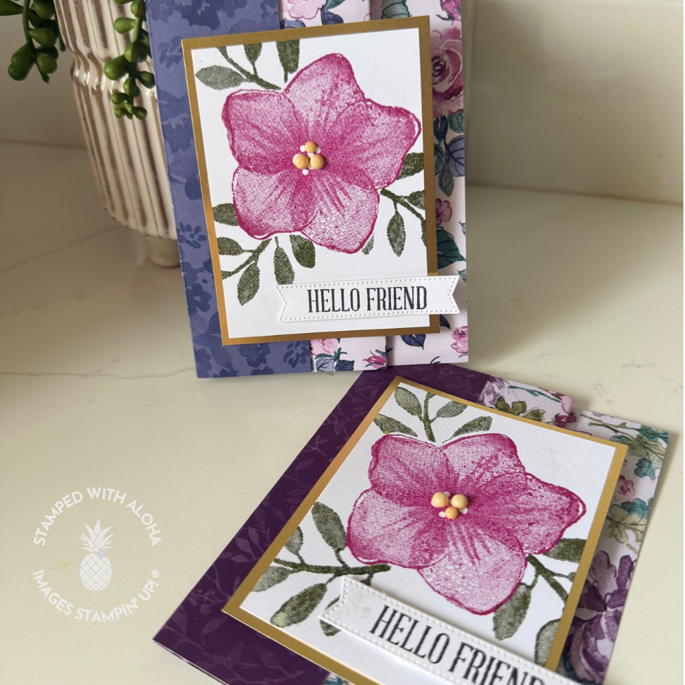Easy fun fold card with stamped pink flower, designer paper background, and hello friend sentiment