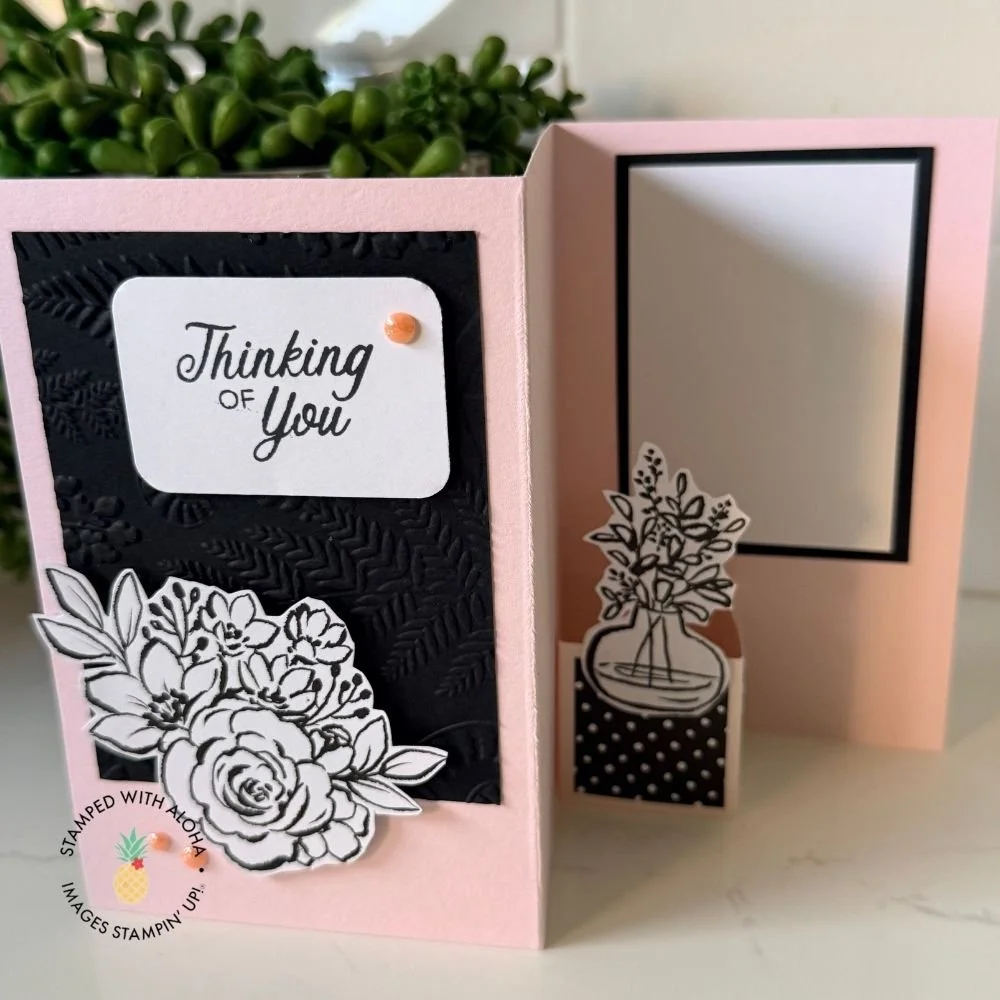 Artisan Sketched Garden floating pop-up card featuring a floral bouquet, embossed black cardstock panel, Thinking of You sentiment, and interactive vase element that pops up when opened