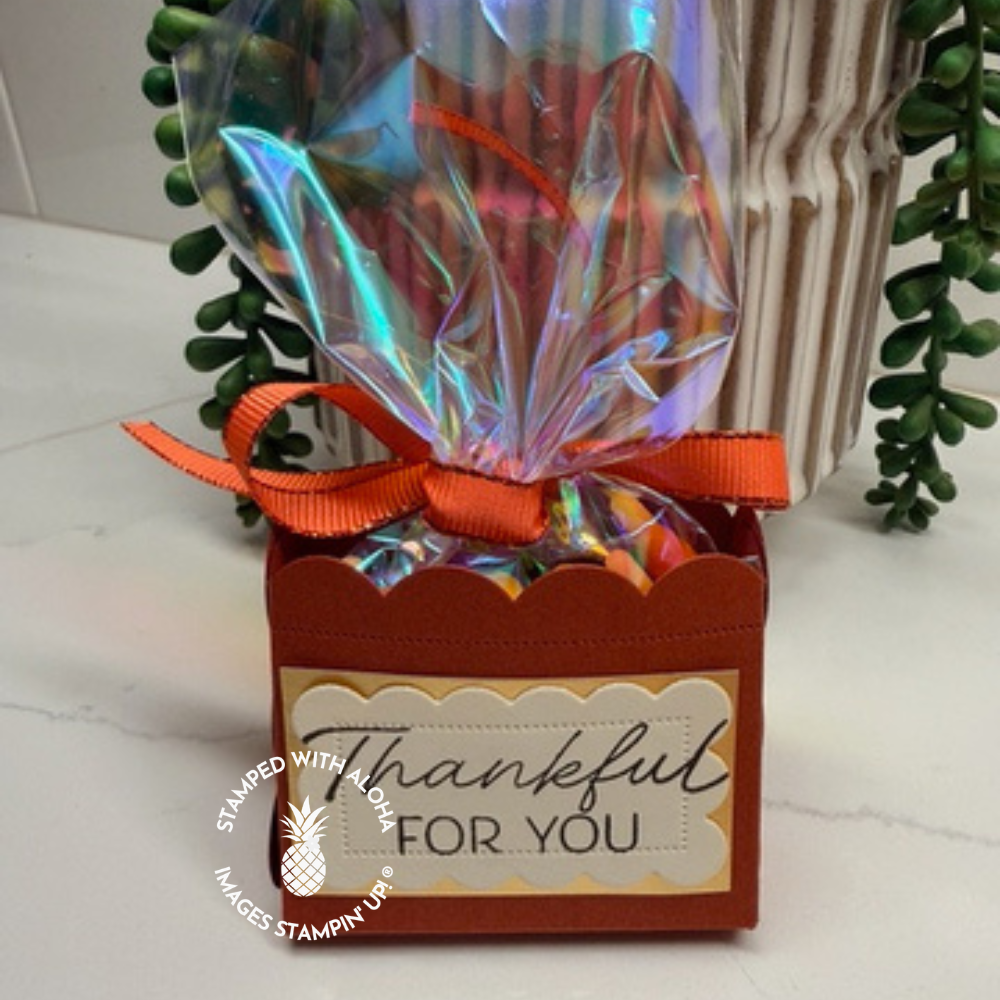 Handmade Cajun Craze fall treat box filled with an iridescent candy bag and finished with orange ribbon and a Thankful for You sentiment.