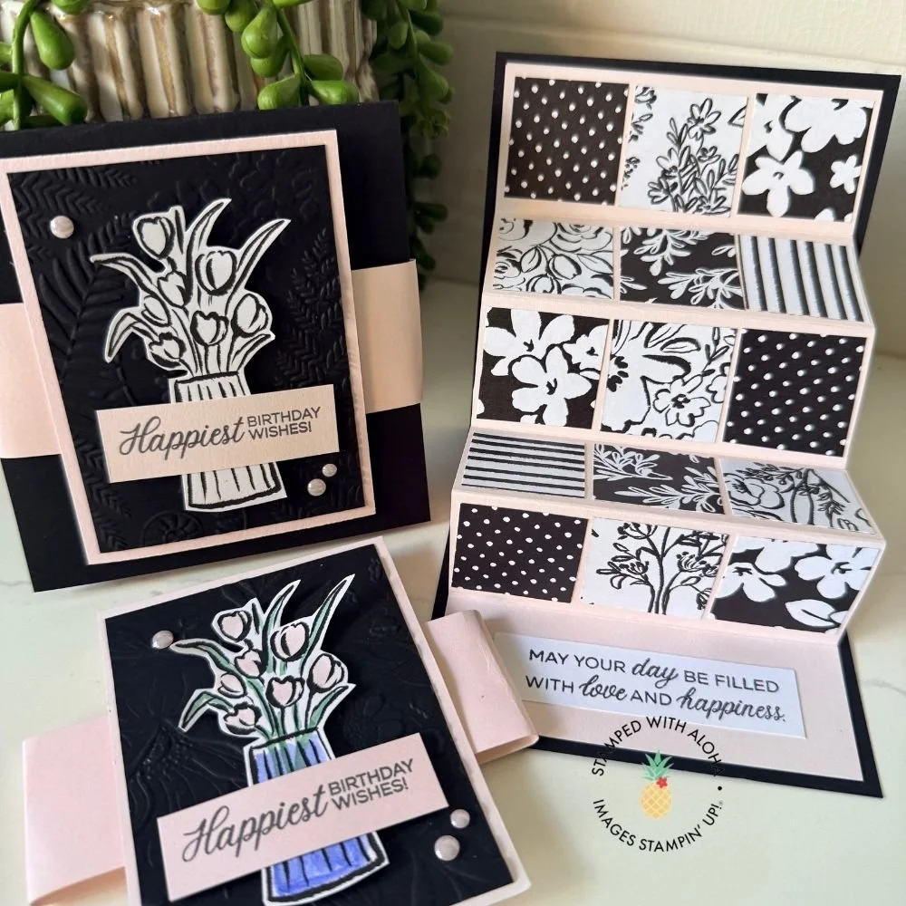 Artisan Sketched Garden accordion pop-up birthday card featuring patterned designer paper panels, a floral vase focal image, embossed cardstock, and an interactive fold-out display with birthday greetings.