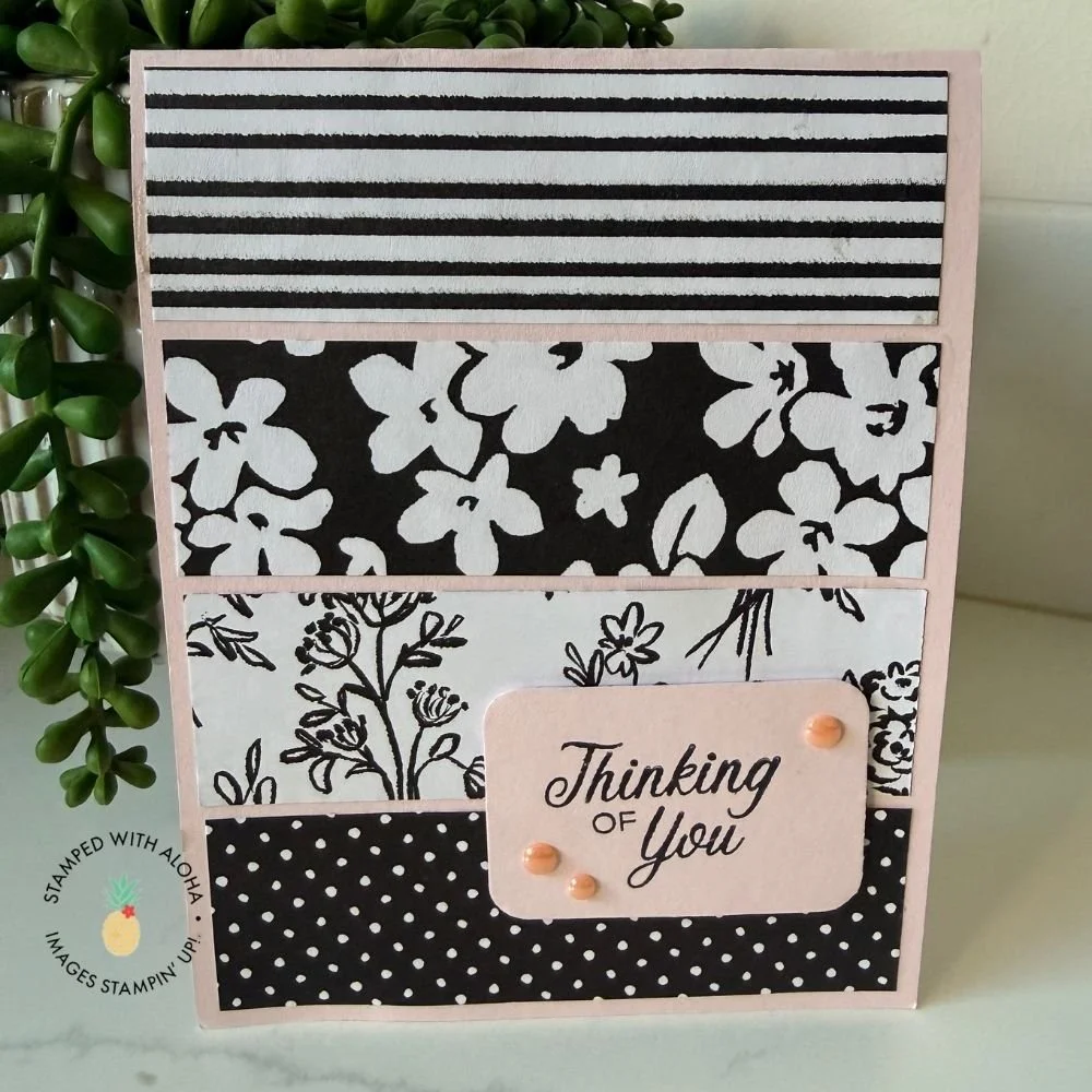 Handmade Artisan Sketched Garden card featuring layered black-and-white designer paper patterns, a Thinking of You sentiment, and Barely Blush embellishments.