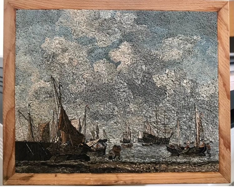 This micromosaic is the copy of the original Wille Van de Velde's painting, called "The younger entrance to a Dutch port".
Cm. 15,2 x 12,0 Inch 5,98 x 4,72