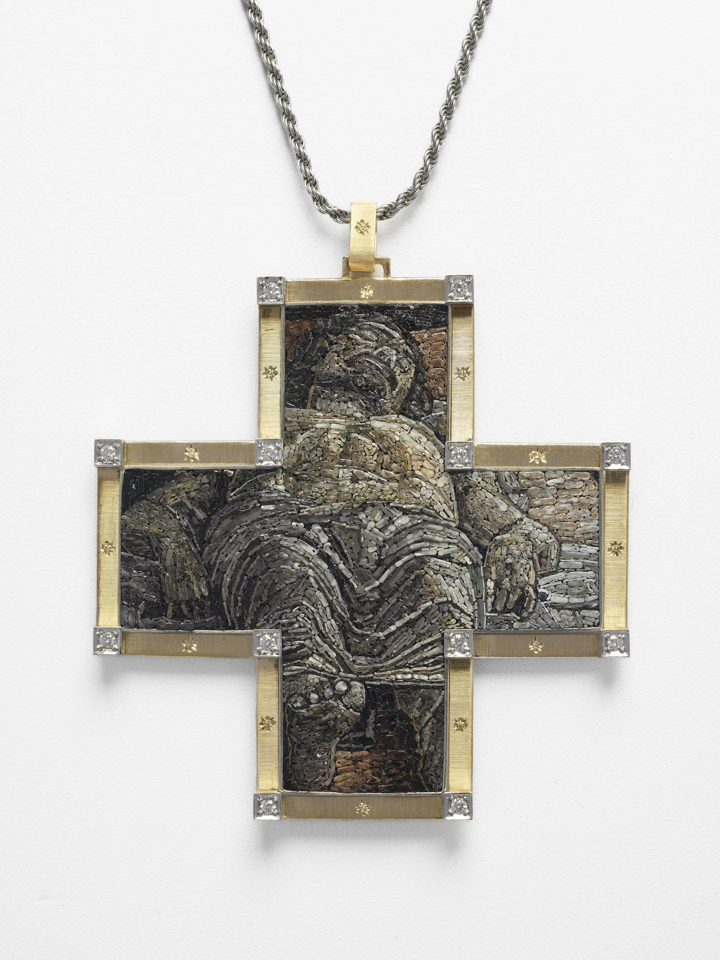 Pendant cross on a silver base, depicting "Dead Christ" by Andrea Mantegna. Cm. 6,0 x 6,0