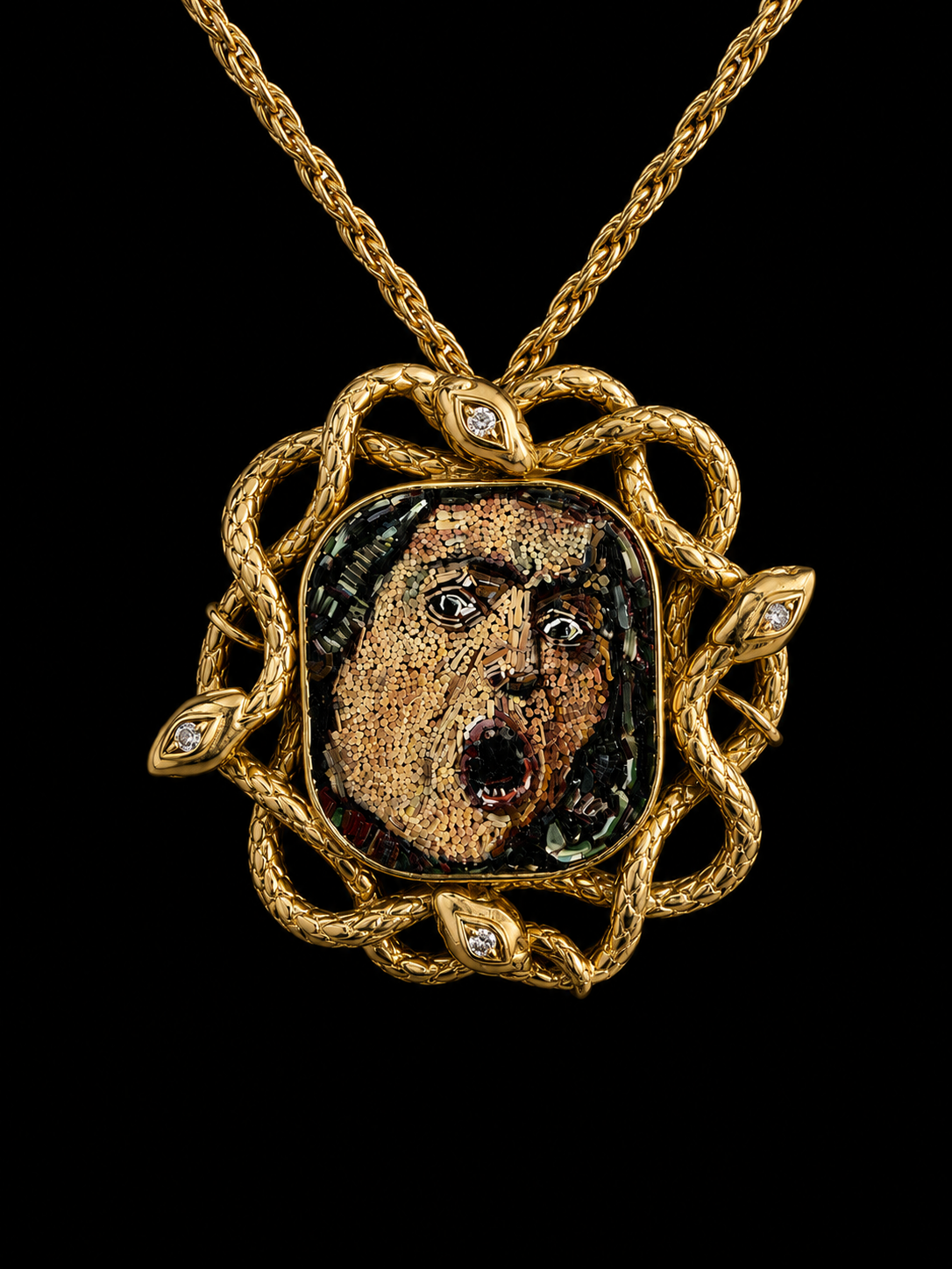 Micromosaico artistico realizzato con tessere di smalto, su supporto in oro 18 k. fornito da terzi. Cm. 3,5 x 3,2