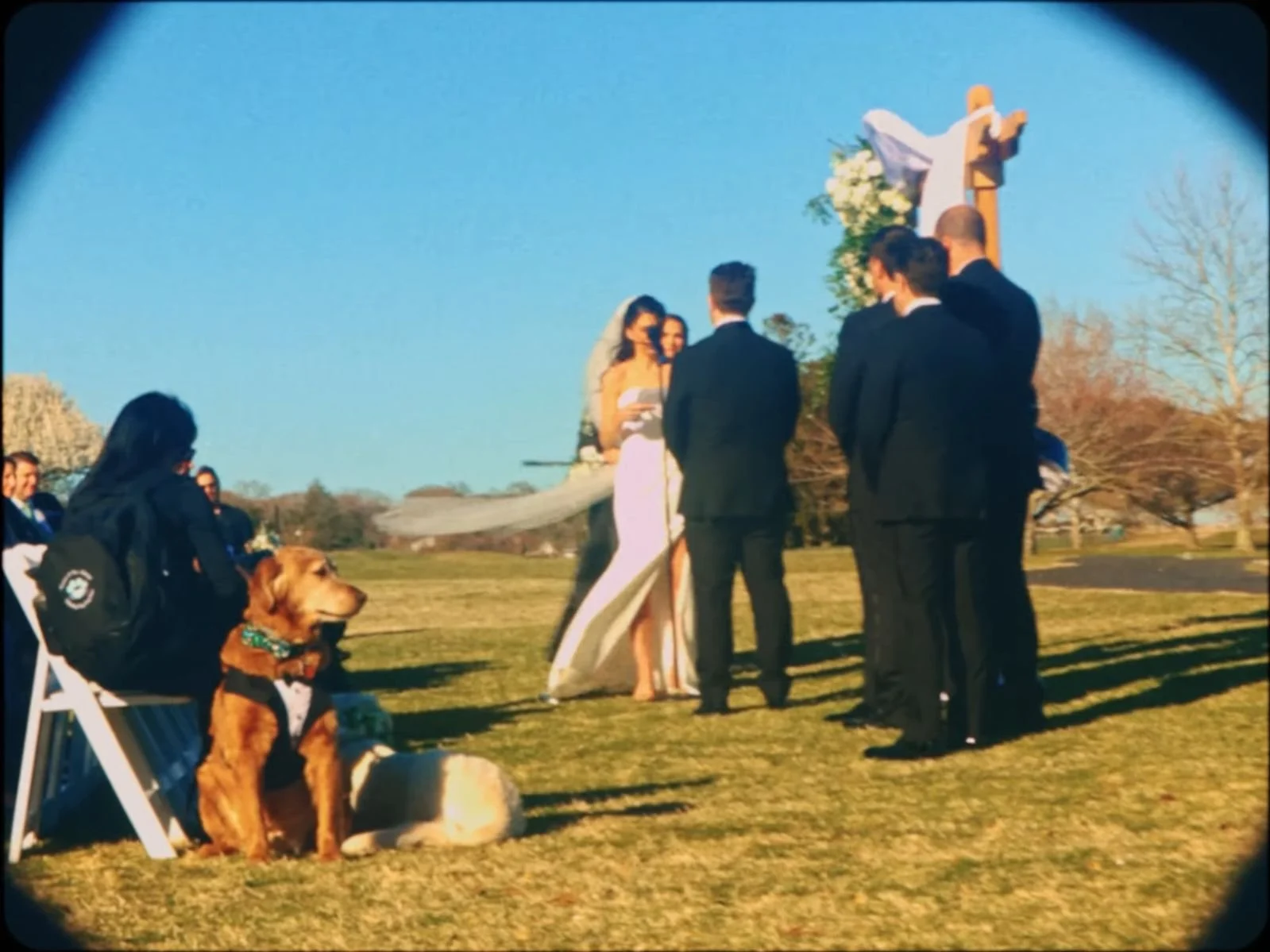 A wedding ceremony outdoors with a bride and groom exchanging vows, surrounded by guests, a dog, and a wooden cross with an angel figure.