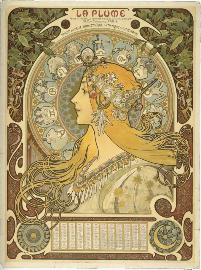 La Plume, poster-calendar, by Alphonse Mucha. 1897.