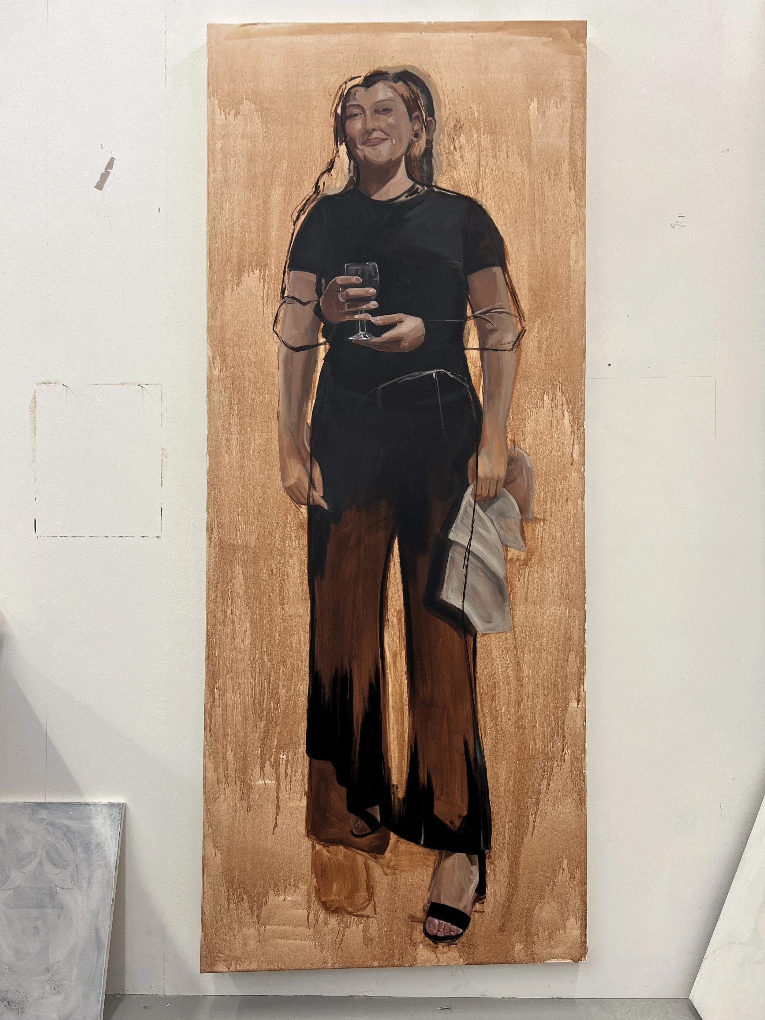 Painting of a woman in black clothing holding a wine glass and a clutch, standing with a smile against a brown background.