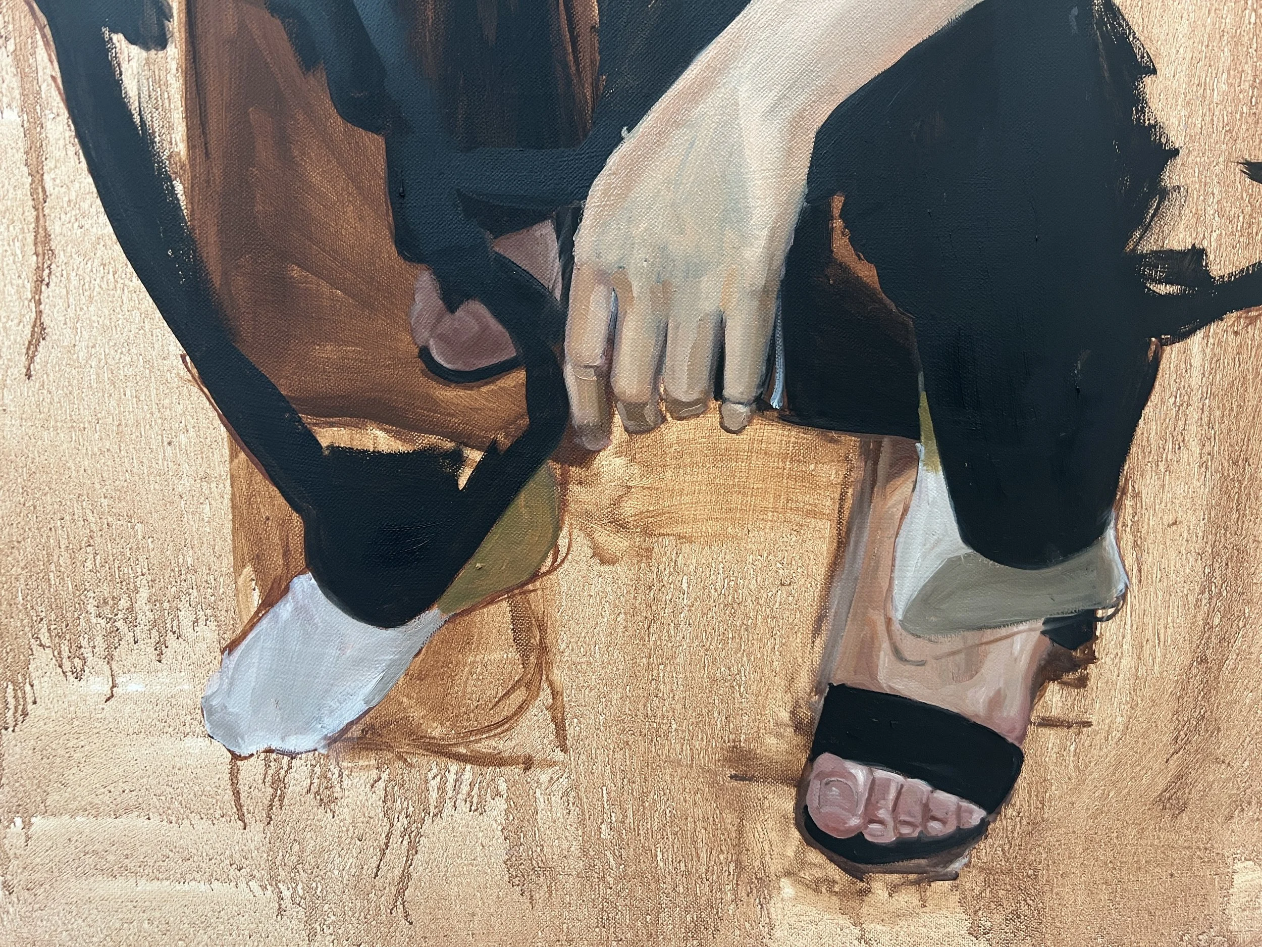 Painting of a person with one hand touching their face, wearing black sandals, black shorts, and a dark top, with a textured, warm-toned background.