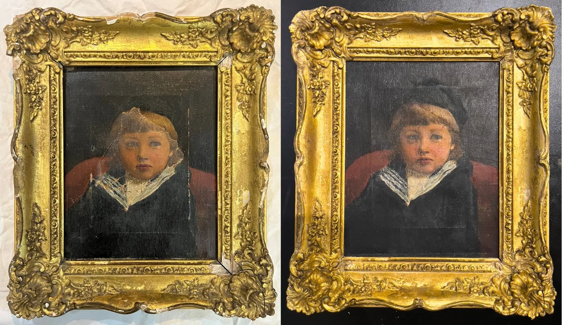 'Portrait of Young Boy' before vs after treatment (unvarnished)