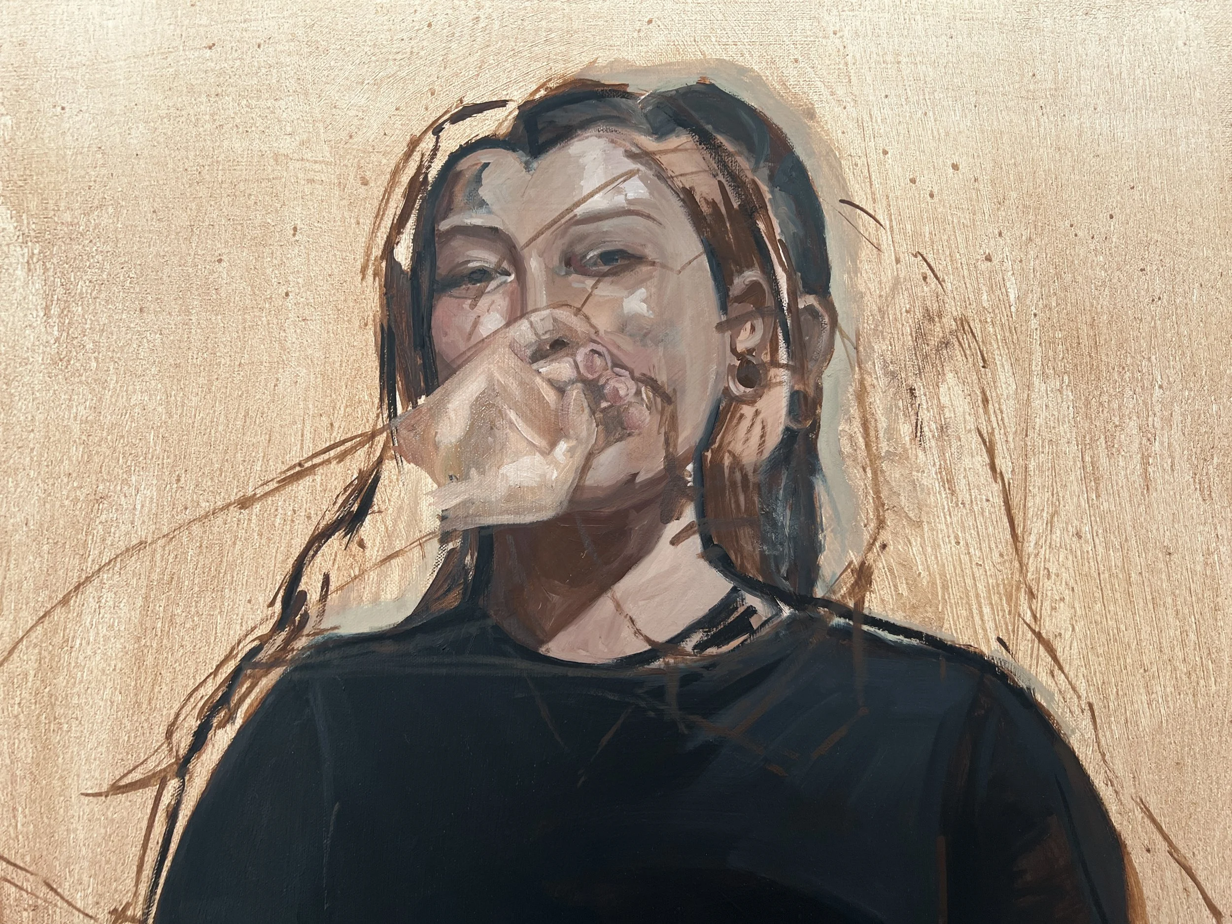 A digital painting of a person with long dark hair, wearing earrings and a black shirt, holding their hand up to their face with fingers forming a peace sign near their eye, against a beige background.