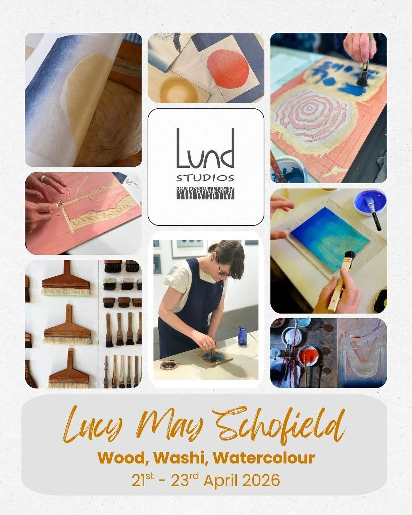 Lucy May Schofield
&lsquo;Wood, Washi, Watercolour&rsquo;
21st - 23rd April 2026

Thoroughly looking forward to Lucy joining us here at The Lund next spring! A chance for you to explore ecological printmaking, the Japanese art of water-based woodbloc