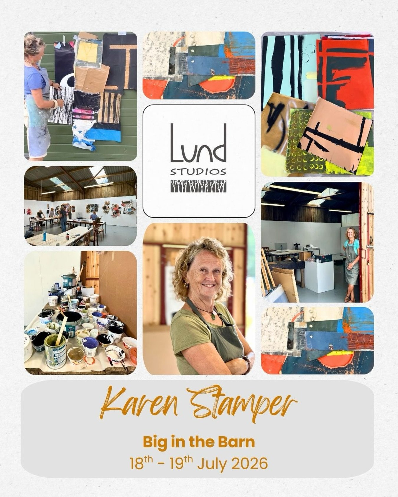 Karen Stamper
BIG IN THE BARN
18th - 19th July 2026

Last year was such a fantastic course that Karen has decided to once again go BIG in the barn! Working with sheets of collage papers - wallpaper, newspaper, packaging, cardboard, wrapping paper, bi