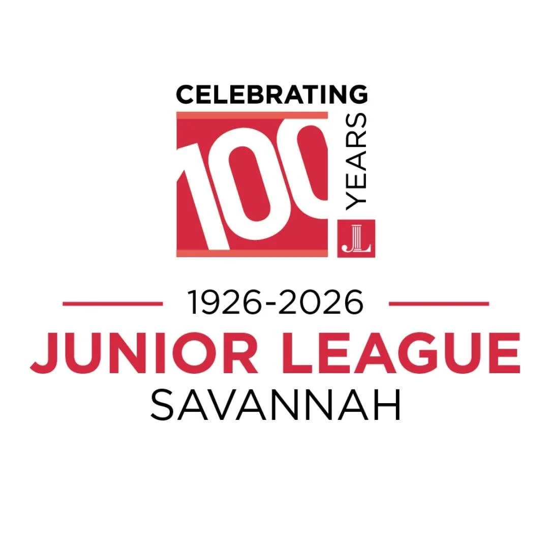 Celebrating 100 years of Junior League Savannah from 1926 to 2026 with a logo and text in red and black.