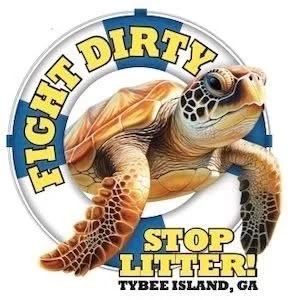 A turtle wearing sunglasses with a circular background that has the words "FIGHT DIRTY STOP LITTER! TYBEE ISLAND, GA" around it.