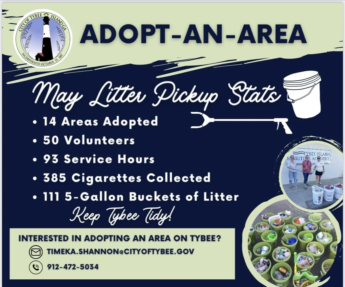 A sign for the Tybee Island Adopt-A-Area program displaying May litter pickup statistics, including areas adopted, volunteers, service hours, cigarettes collected, and buckets of litter, with contact information and images of volunteers and litter co