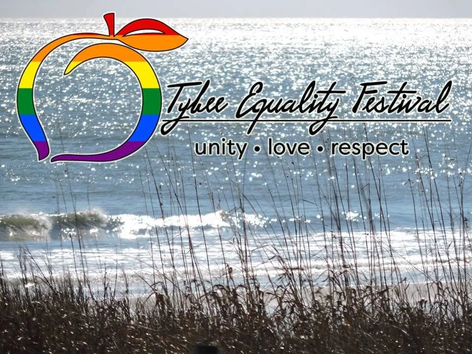 A promotional poster for the Tyler Equality Festival featuring a rainbow-colored peace sign and the words 'unity love respect' over a sunlit ocean background.