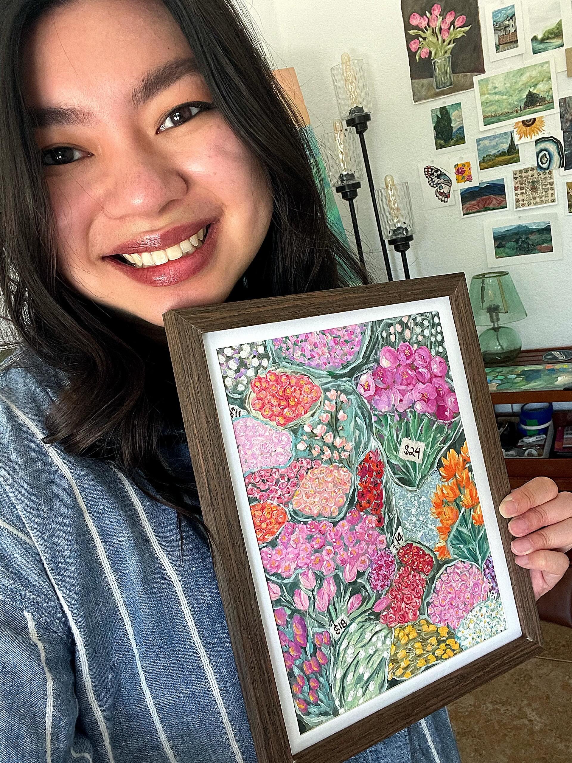 Introducing &lsquo;In Bloom&rsquo; &mdash; my latest original oil painting ✨

The flower stall is filled with tulips, peonies, ranunculus, poppies, garden roses, and tiny buds ready to bloom 🌷

Meandering through farmer&rsquo;s markets brings me so 