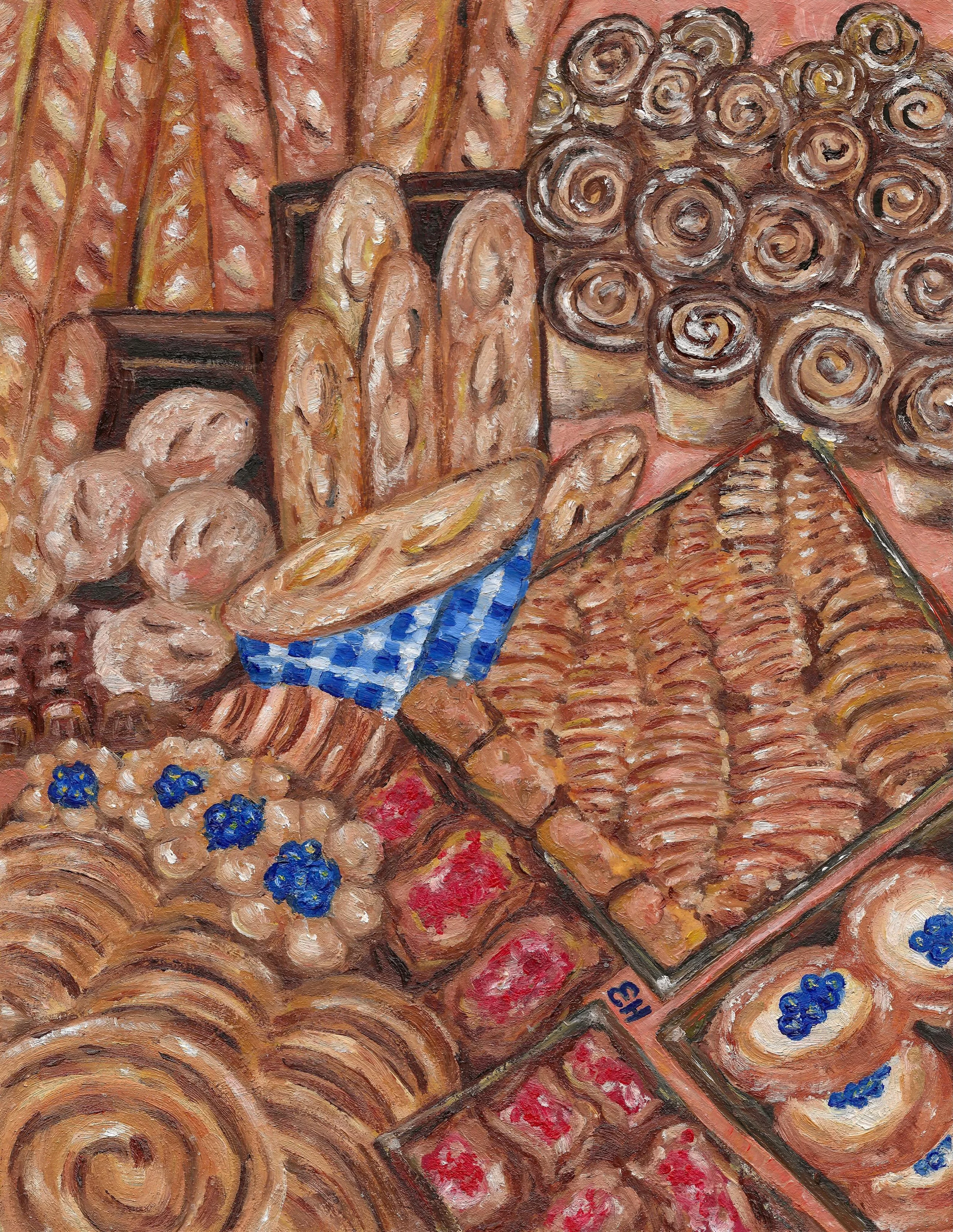 ✨ The Market&mdash;Stall No. 3: Oven-Fresh ✨ 

completely rendered from imagination, inspired by the warm, inviting smells of homemade pastries and sourdough loafs at the farmers market stalls 🫐🍁

Oil on Arches cold-press canvas paper 
8 x 10 inche