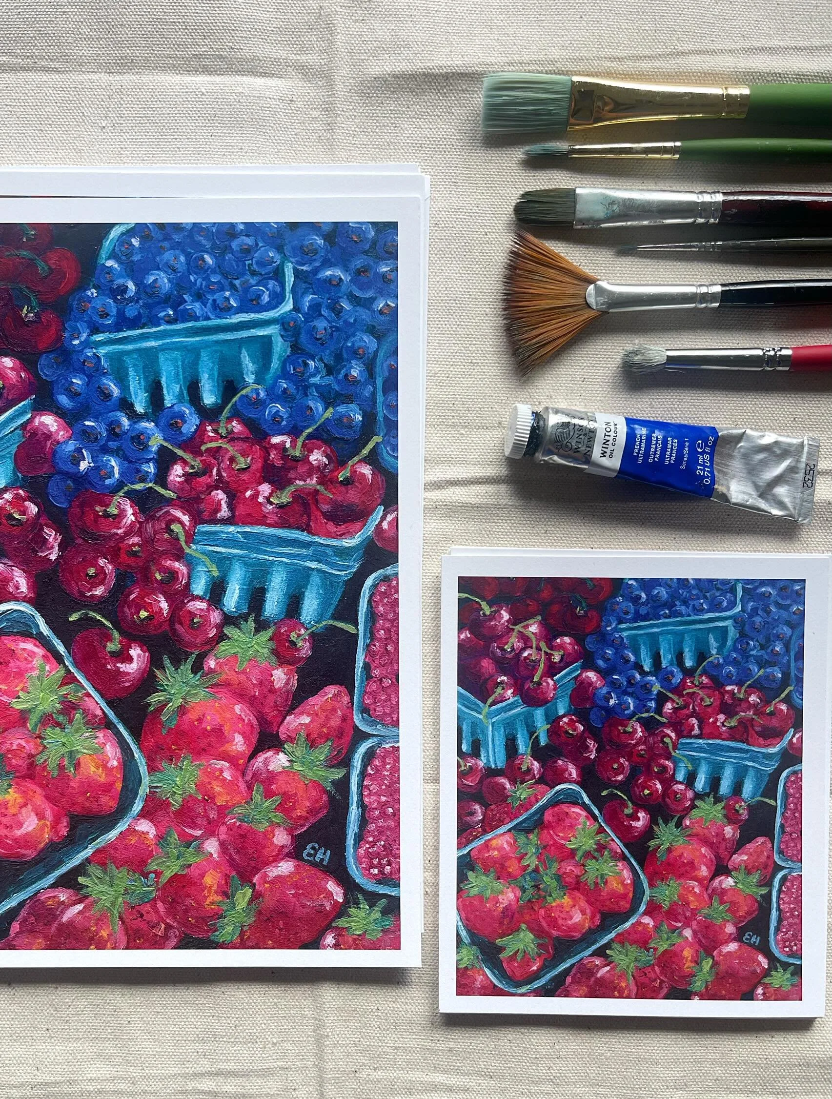 soooo happy with how these turned out 🥹 all farmer&rsquo;s market prints available now&mdash;individually or as a completed bundle! 🫐🌷🥐 

shop link in bio 💌

&bull;
&bull;
&bull;

#artprints #originalart #artist #oilpainting #printshop