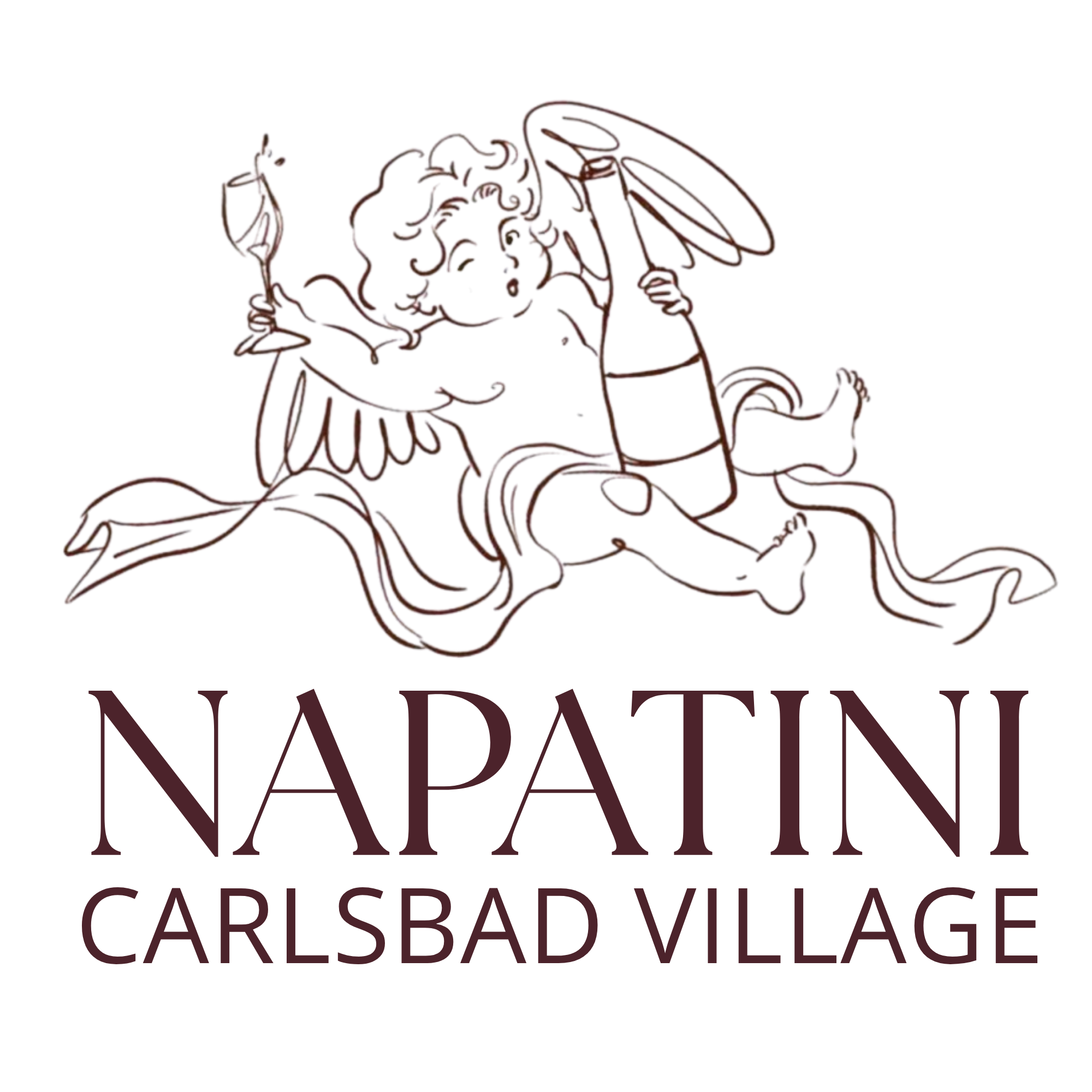A line art illustration of a cherub sitting on a rock, holding a bottle of wine and a wine glass, underneath are the words 'Napatini' and 'Carlsbad Village' in maroon text.