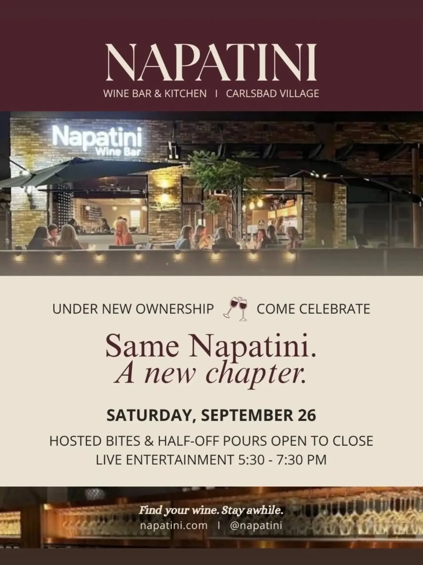 Same Napatini. A new chapter. 🍷

Gary and Lynn built Napatini into a place where neighbors could discover wine and feel at home. As they raise a farewell glass and pass the torch, we're keeping that spirit right where it belongs &mdash; at the heart
