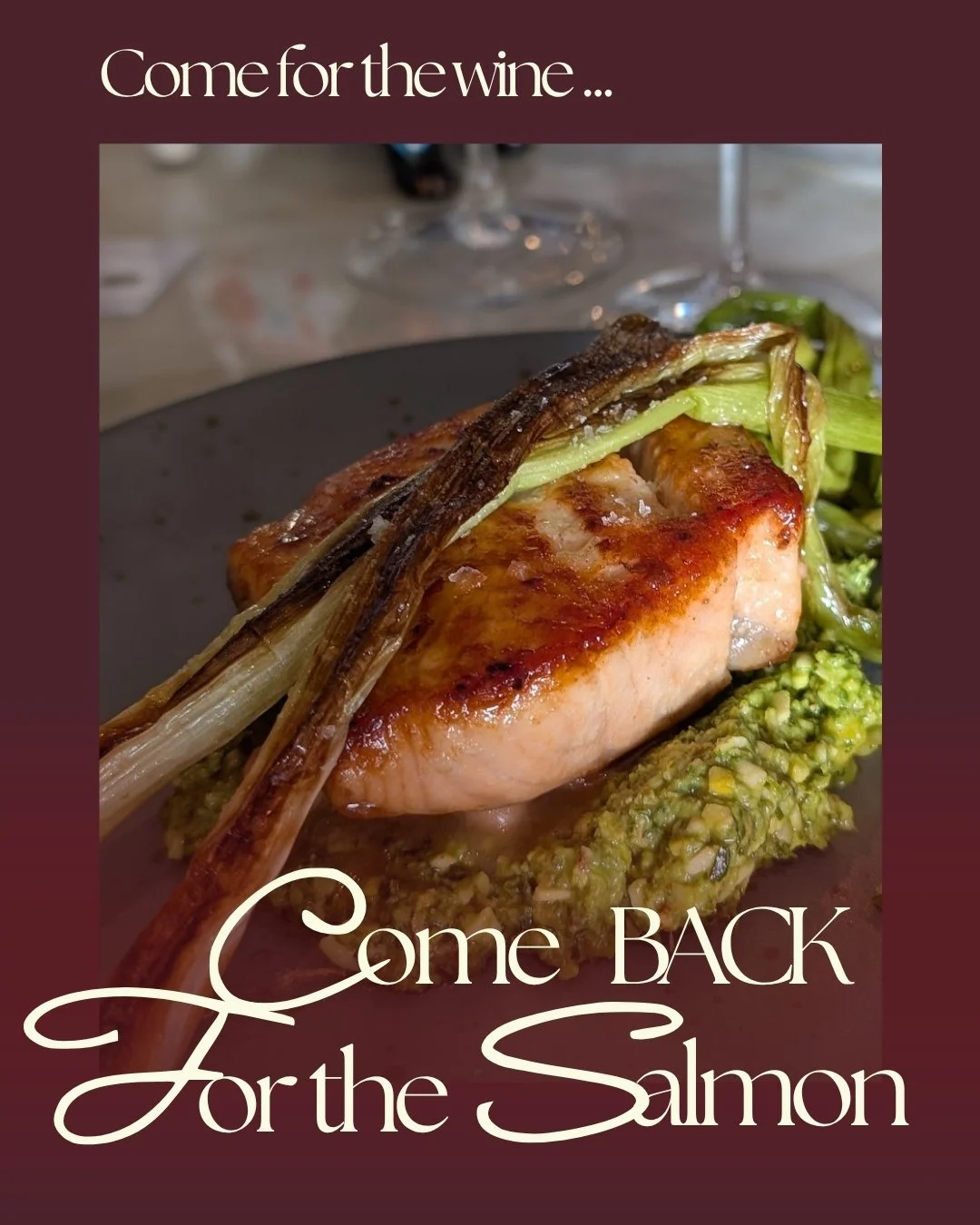 Come for the wine. 🍷 Come back for the salmon. 🍽

Peruvian beans, arugula pesto, charred green onion. It's new on the menu, and it keeps very good company with your favorite pairing from the wall.

Ask us what's pouring with it tonight.