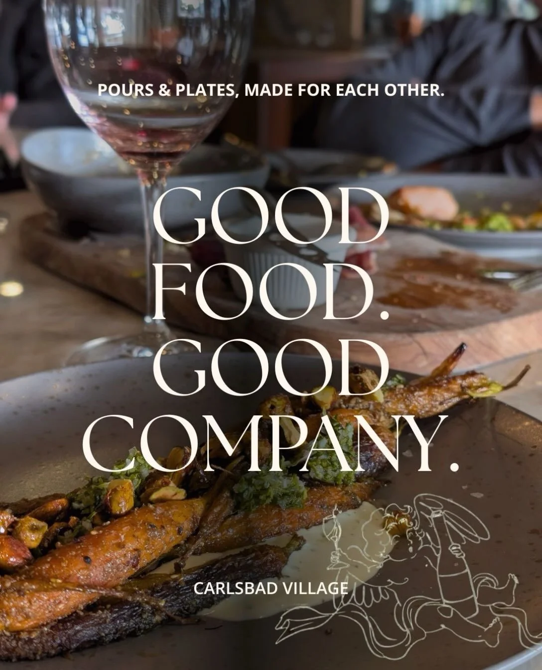 Roasted carrots, pistachios, a bright herb sauce, and something cool and creamy underneath. A glass of ros&eacute; (or your favorite pour) on the side. 
Well let that speak for itself. 

Come for the wine. Come back for this one. 🍽️🍷