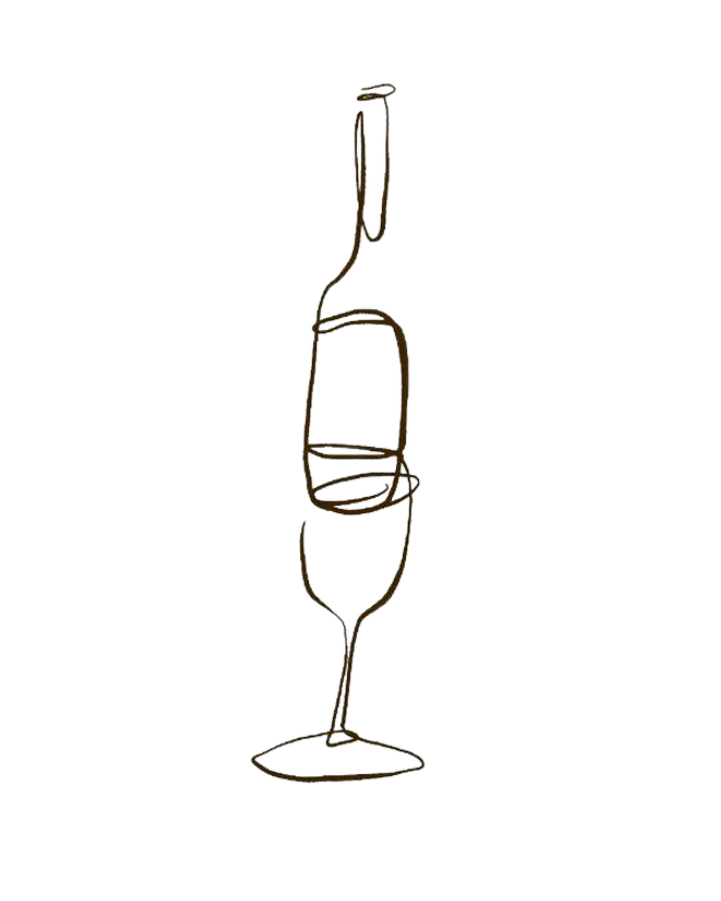 Line art drawing of a wine flute glass with a wine bottle atop, against a transparent background