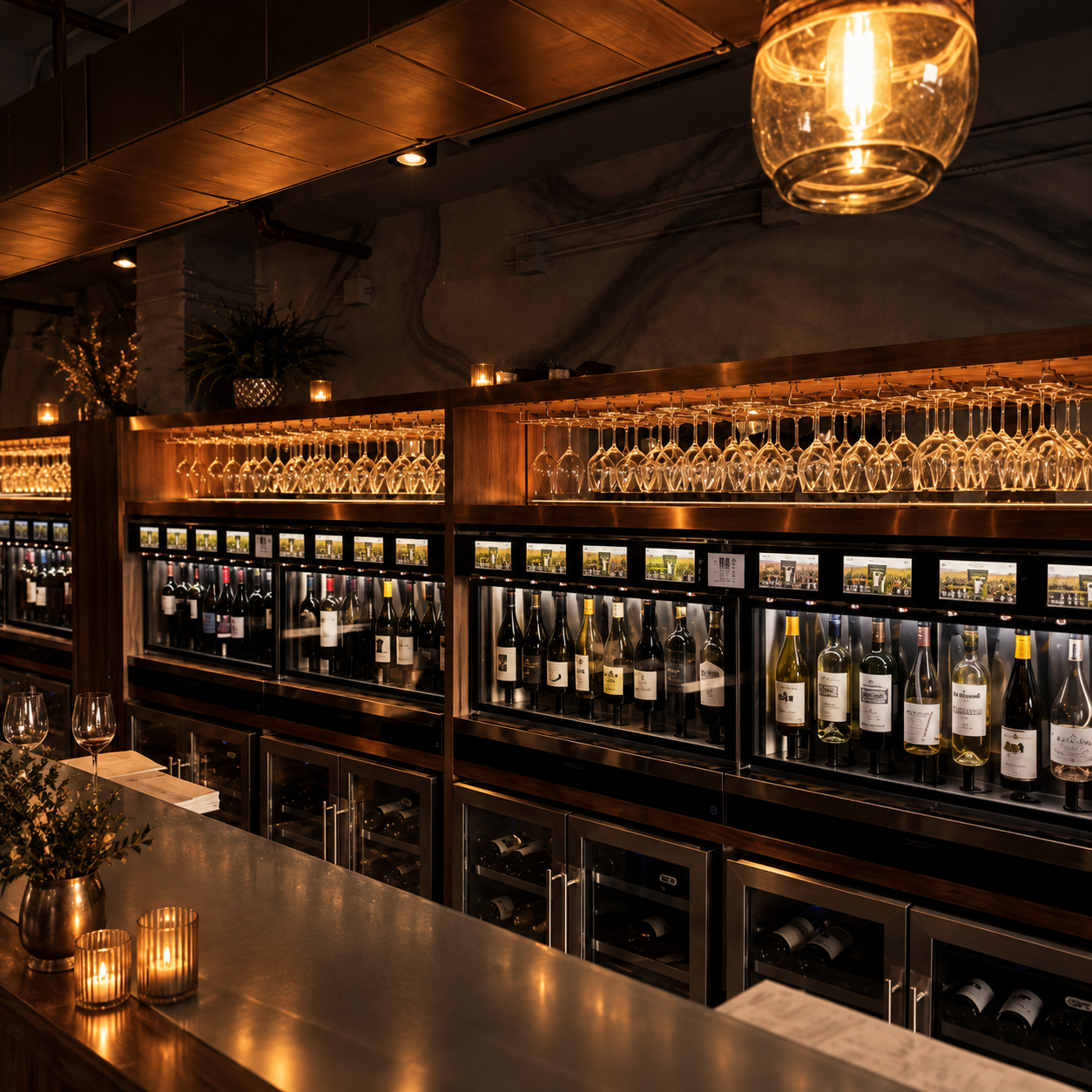 A wall of wine displaying wines in an enomatic machine, wine glasses hanging upside down above, and warm ambient lighting with candles on the counter.