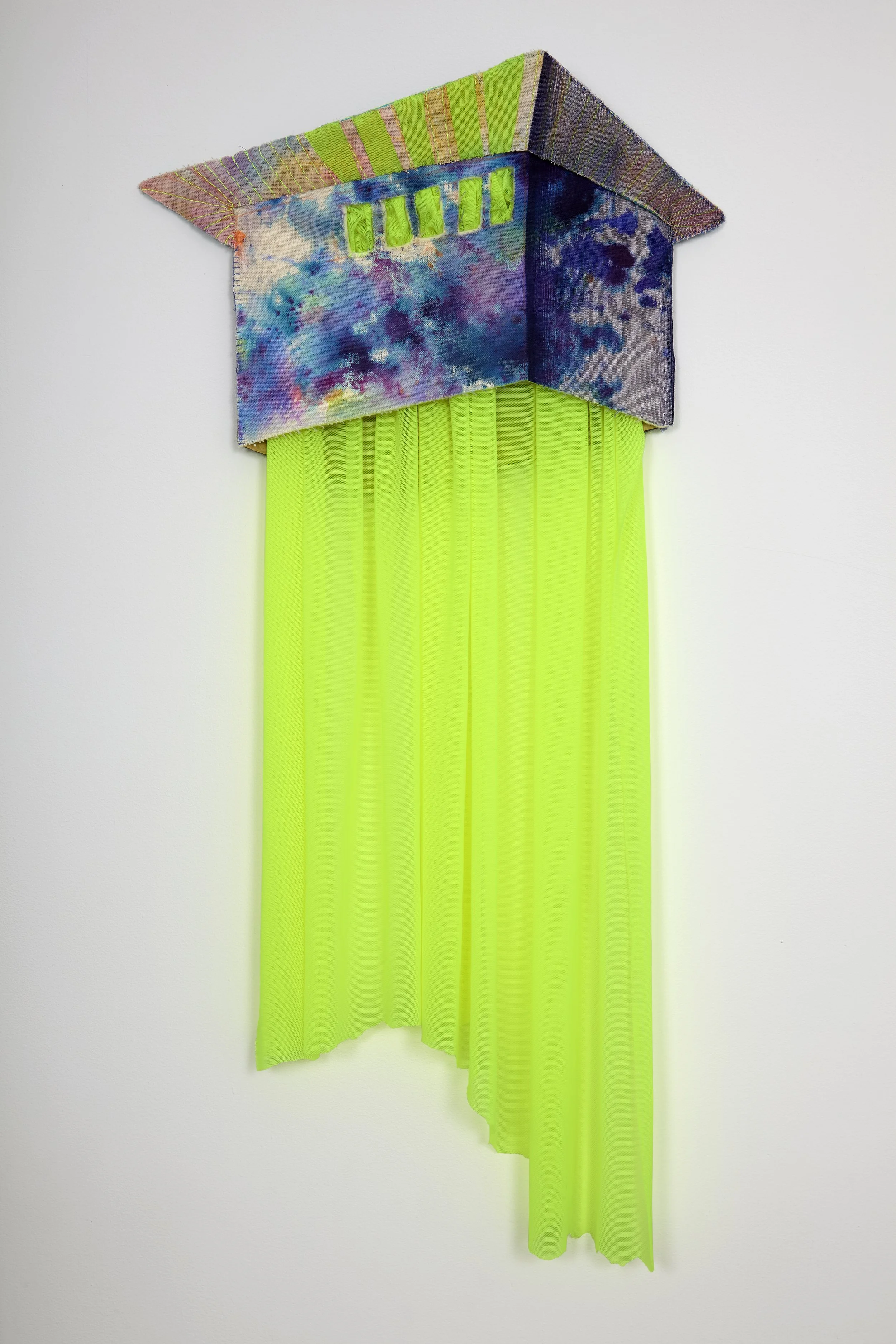 Auguries 
30.5" x 15"
Hand-painted Osnaburg, neon mesh, hand-stitched