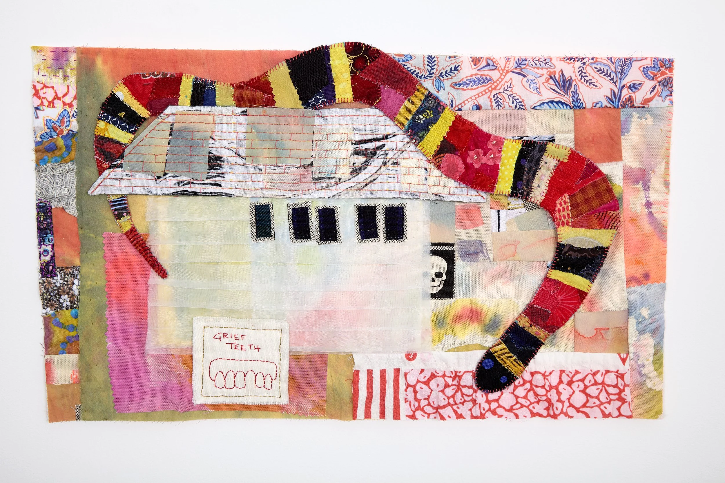 Grief Teeth
19.5" x 11.5"
Hand painted canvas, found fabric, organza, hand-stitched