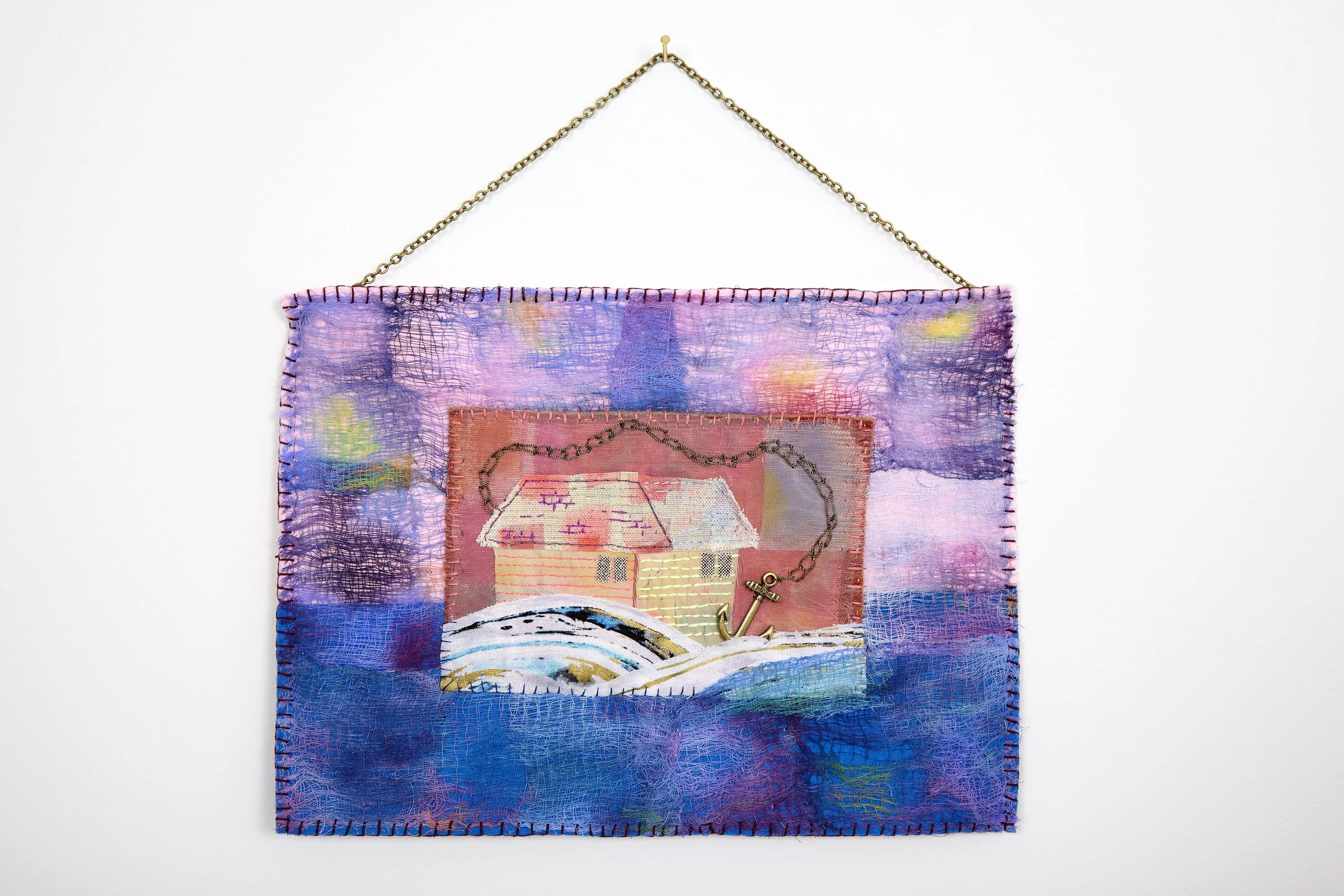 Anchor Baby
12.25" x 9
Hand painted gauze, felt, organza, found fabric, brass, metallic thread, chain, hand-stitched