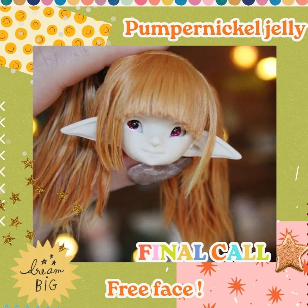Final call for PUMPERNICKEL JELLY

All September orders that total $100+ (combined is okay too!) are eligible to claim a free pumpernickel jelly faceplate! (Bloom size bjd face) as a reward. You can add on a body (if you&rsquo;d like to have more tha