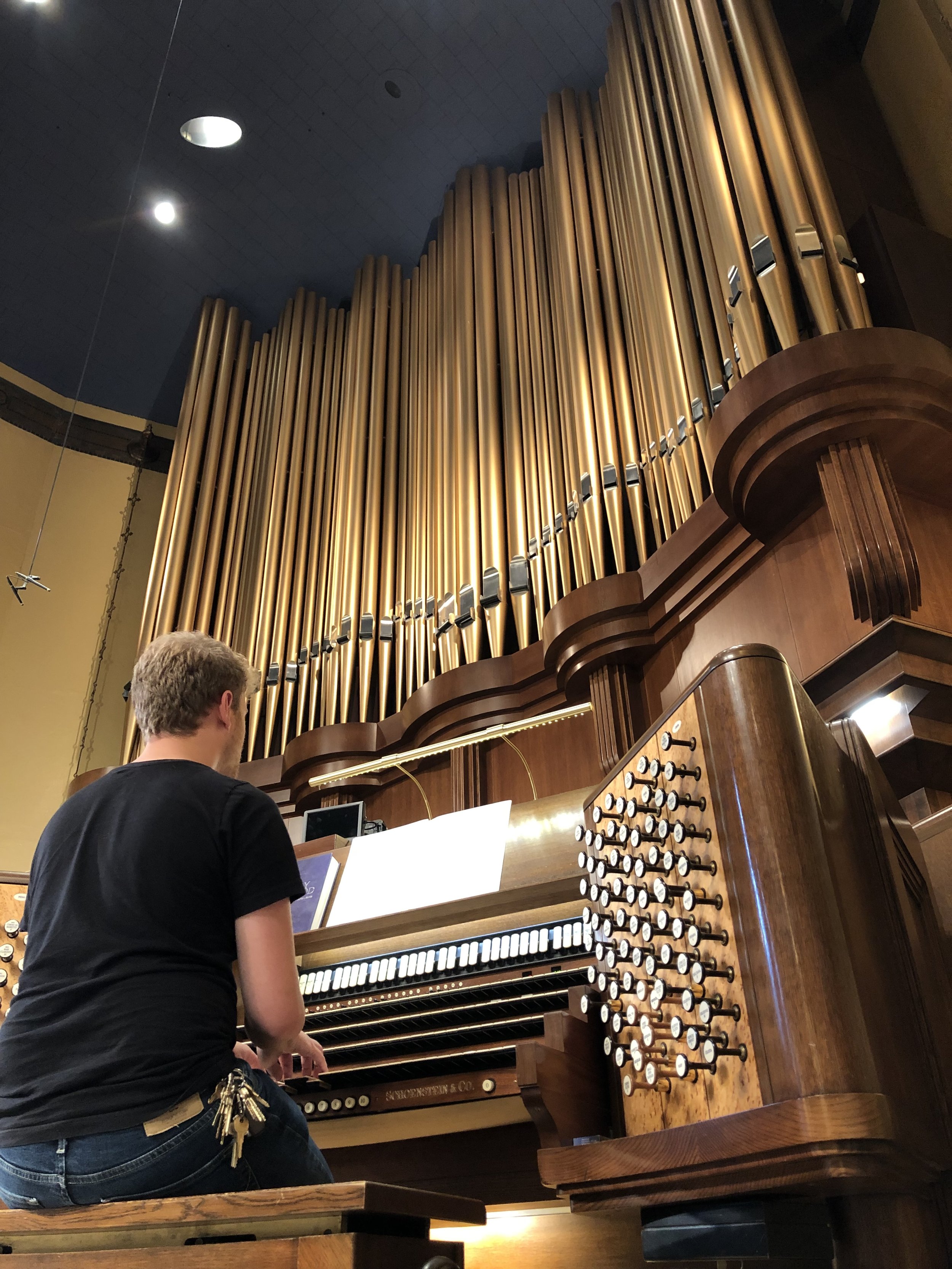 Parker MacIver Hinnenkamp plays the organ in First-Plymouth church in Omaha, Nebraska.