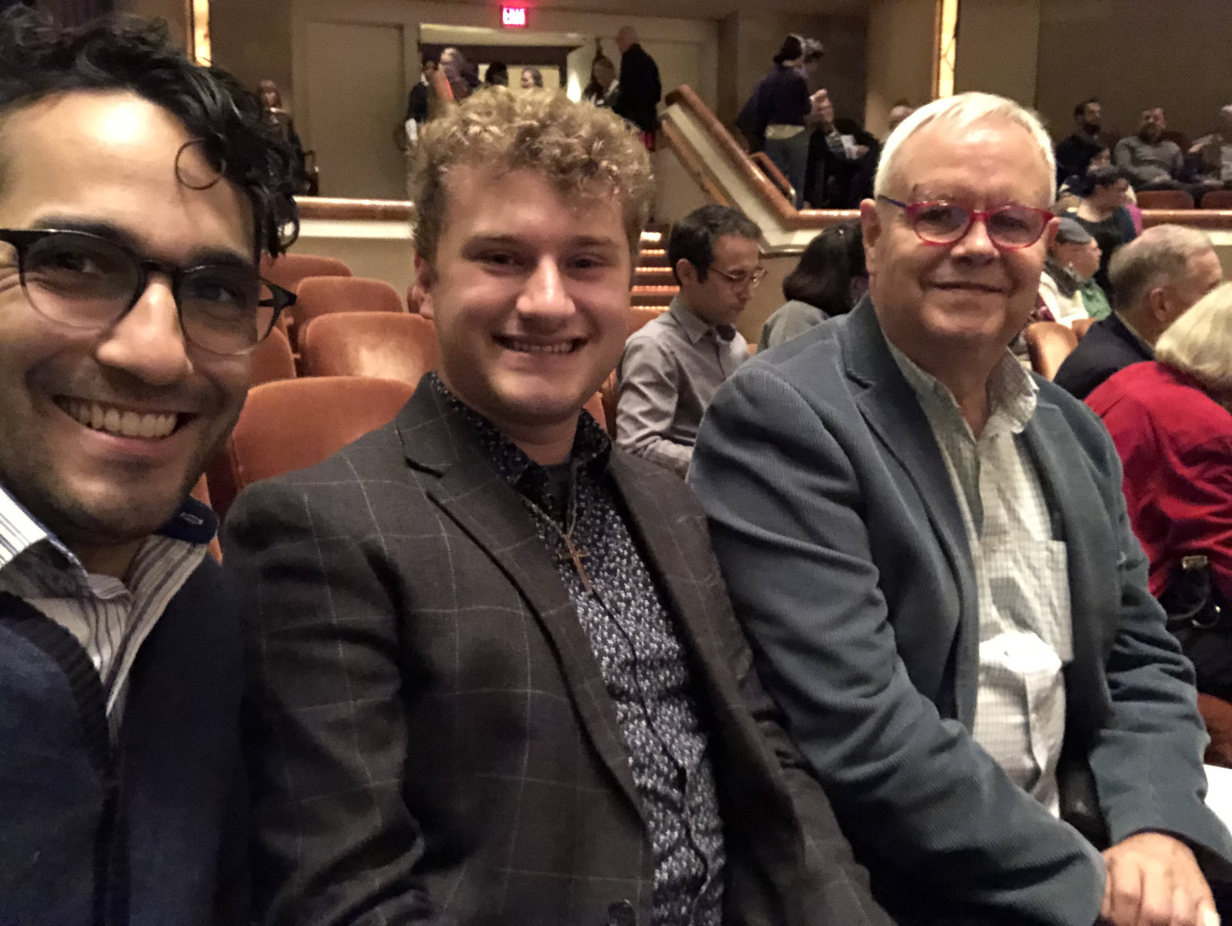 Parker MacIver Hinnenkamp with Michael Soto and Scott Cantrell before a performance of Handel's Messiah in the Dallas Symphony's Meyerson Hall.