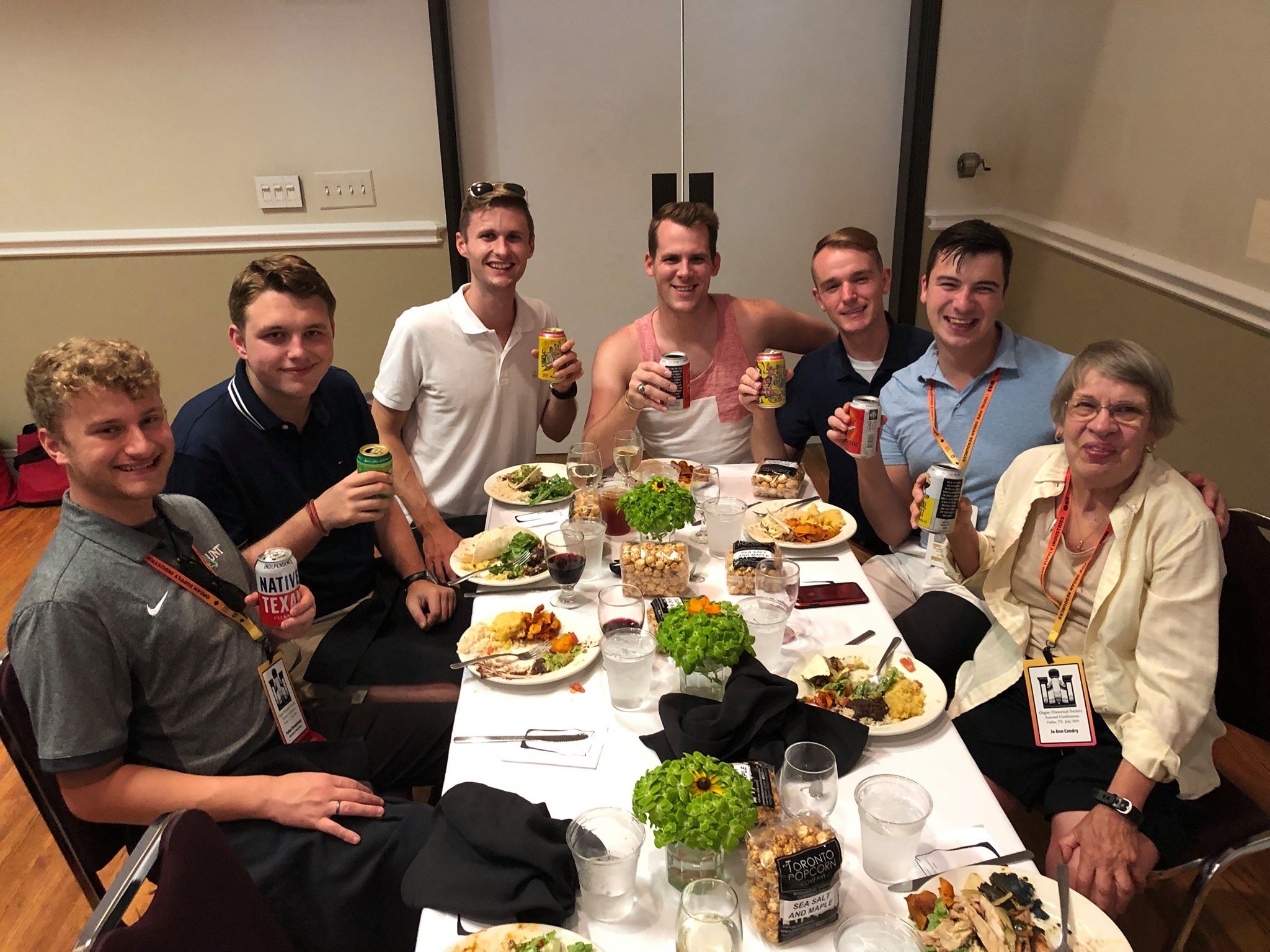 Parker MacIver Hinnenkamp with colleagues and friends enjoying dinner during the Organ Historical Society's 2019 Dallas convention.